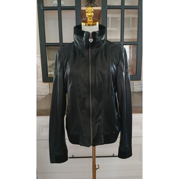 Women's Guess Genuine Leather Jacket Size XL Moto Biker Black Classic Soft - Picture 1 of 16
